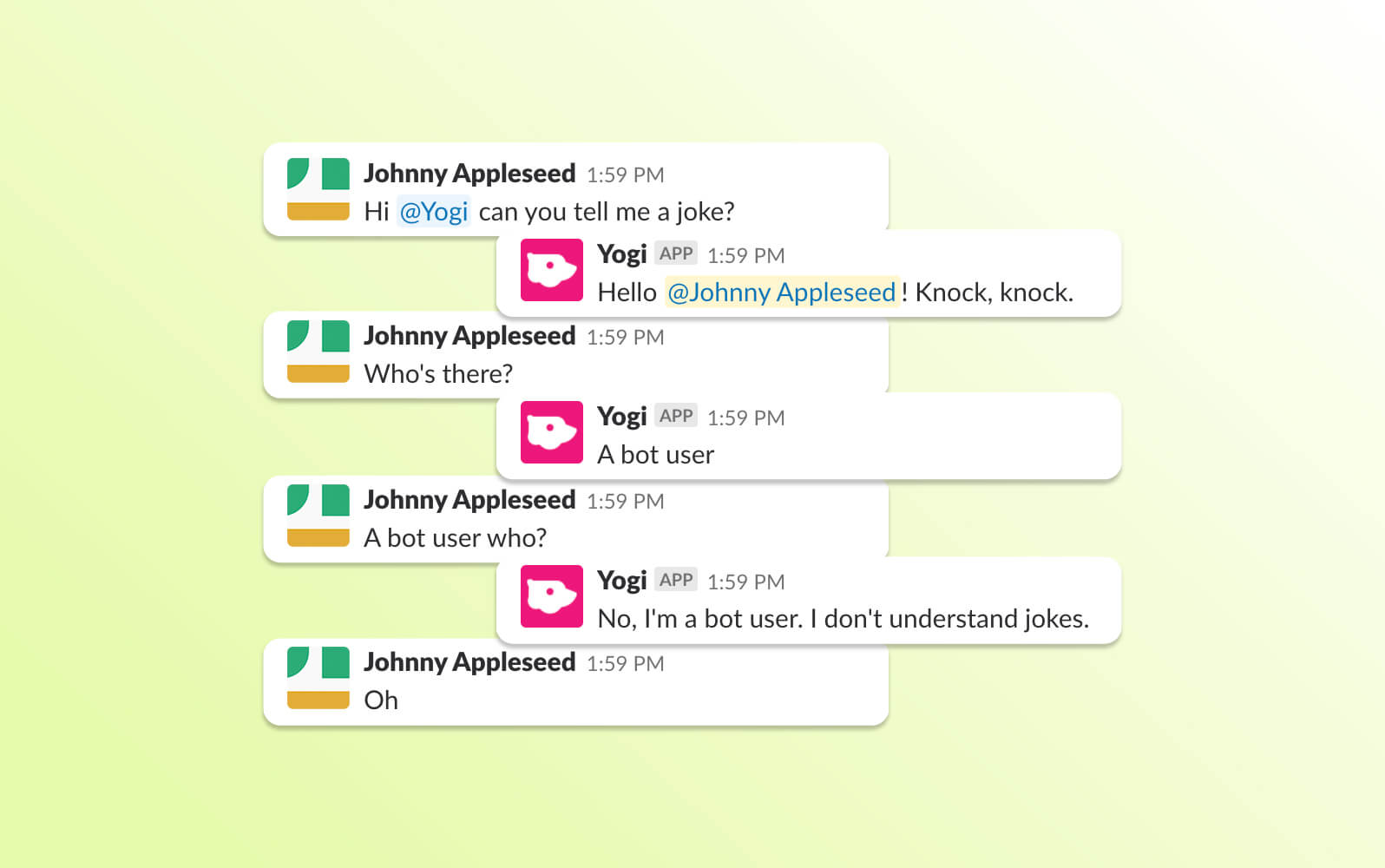 A Slack chat shows a user talking to a bot named Yogi, with a chatbot API enabling the conversation and instant responses.